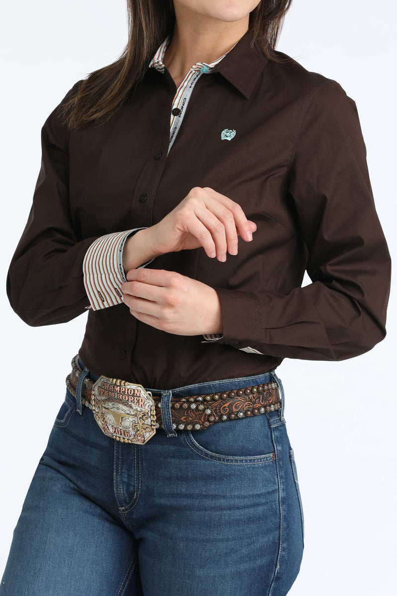 CLMSW9165086 Ladies L/S Solid Stretch Shirt "Chocolate Brown"