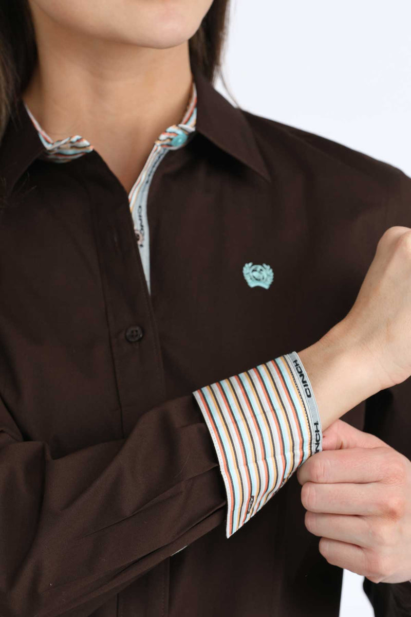 CLMSW9165086 Ladies L/S Solid Stretch Shirt "Chocolate Brown"