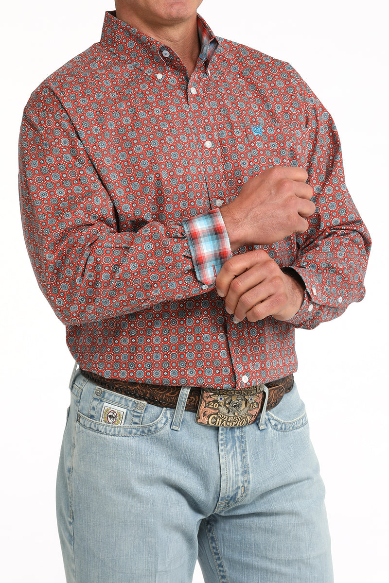 CLMTW1106097 Cinch Mens L/S Stretch Button- Red Print