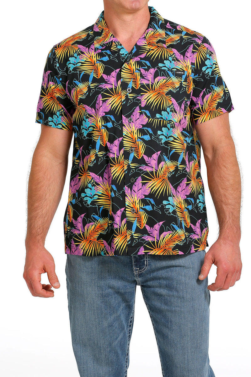 CLMTW1401029-BLK Cinch Mens S/S Hawiian Cowboy Print