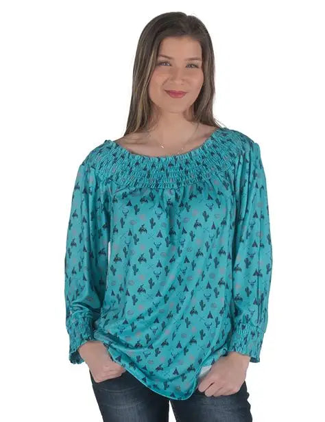 CLTUFF100423-Turq Shirt Western Print - Off Shoulder LS