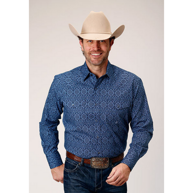 CL03-001-0225-4037 Mens Roper L/S Shirt Snaps Ribbon Medallion Print