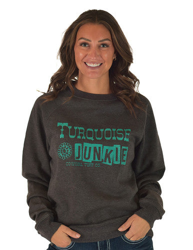 CLC03-SIG2334-Grey  Cowgirl Tuff Crewneck "Turquoise Junkie"