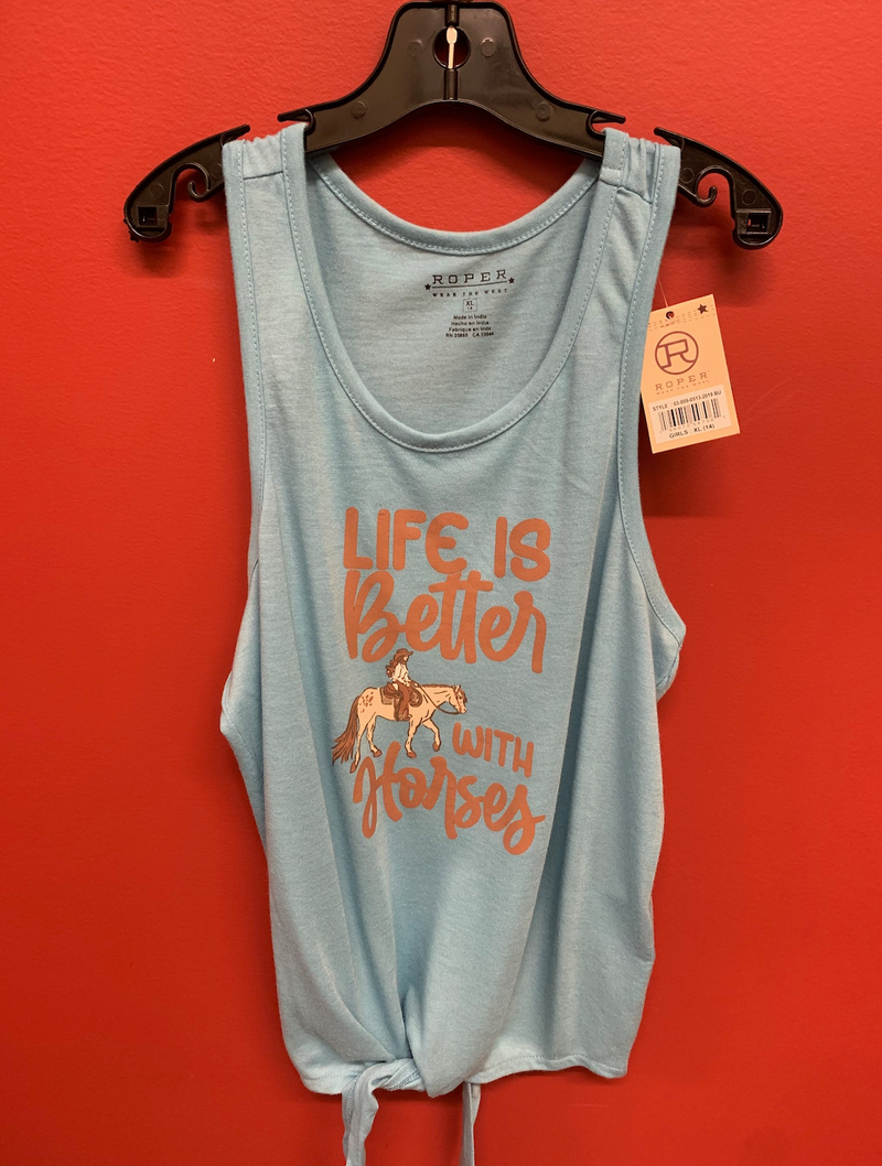 CL03-009-0513-2019 -BLUE Girls Roper Tank Top"Life is Better with Horses