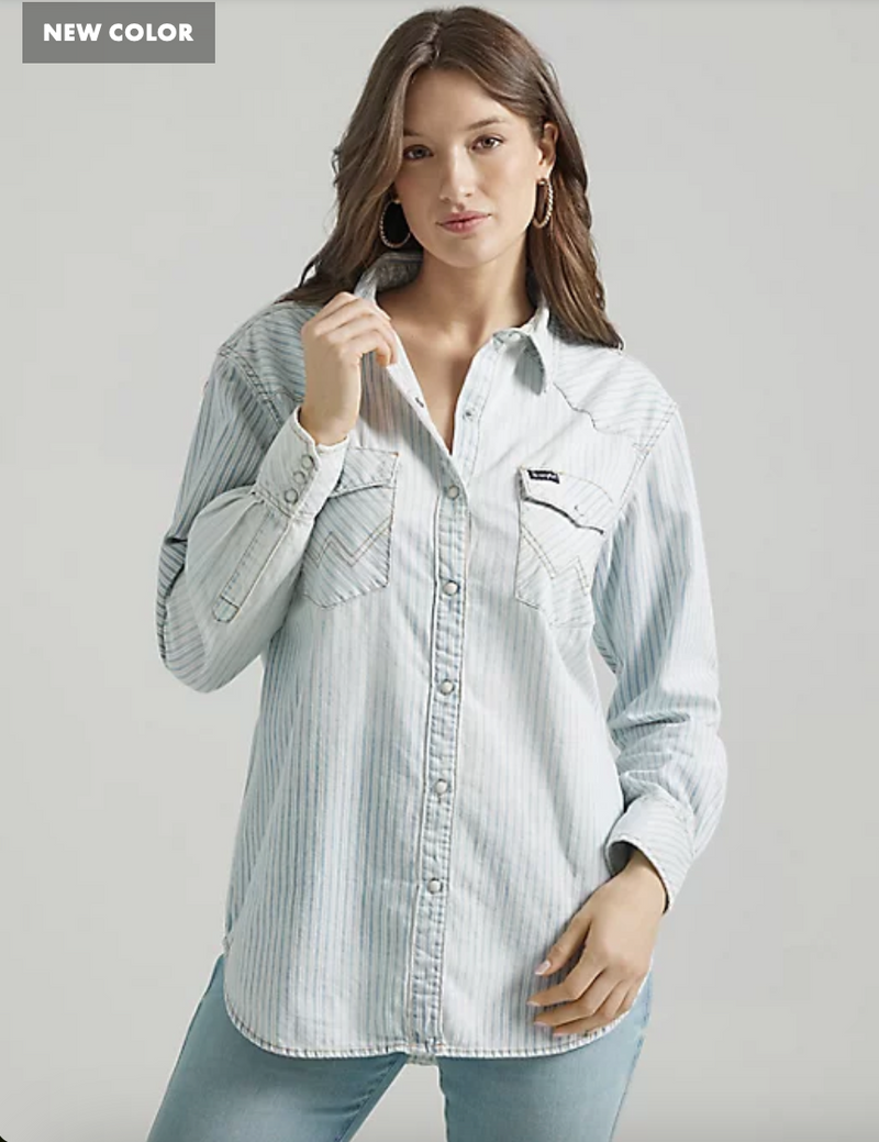 CL112347209 Wht/Blu Womens Wrangler Oversized Retro Striped Denim Shirt