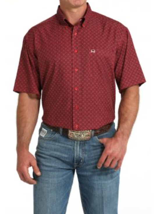 CLMTW1704155-Red Mens Cinch s/s ArenaFlex- Flower Pattern