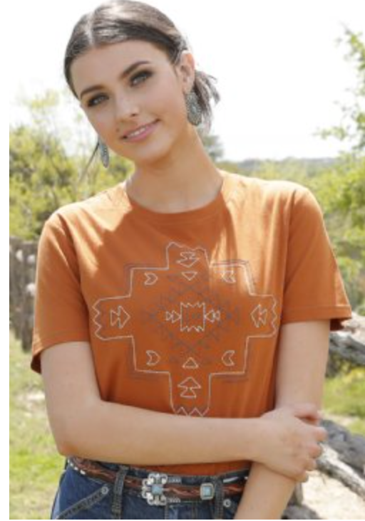 CLCTK7450016 Womens S/S Tee Aztec Embroidered Print