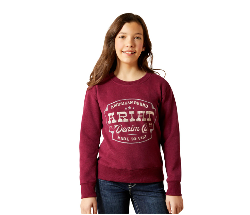 CL10065861-Burgandy Girls Ariat Crewneck "Ariat Denim Logo"