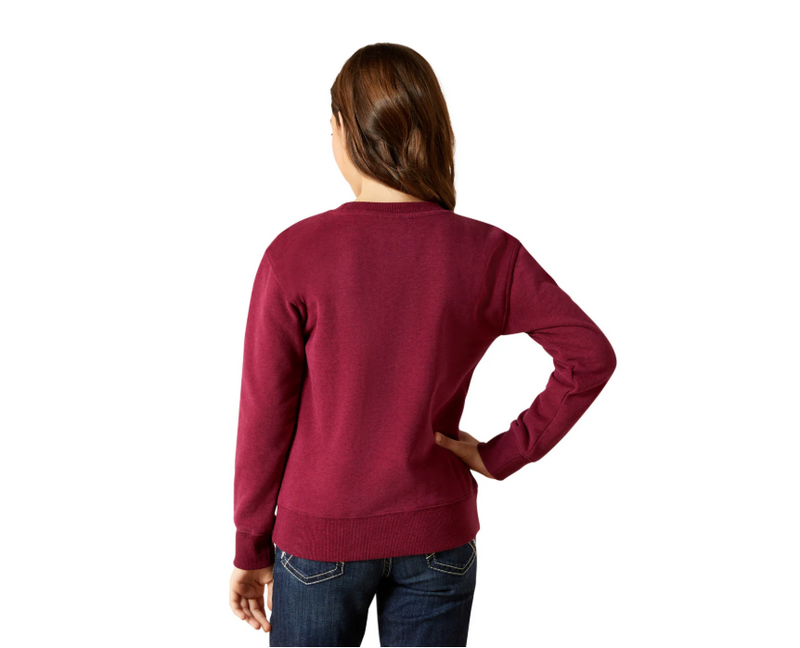 CL10065861-Burgandy Girls Ariat Crewneck "Ariat Denim Logo"