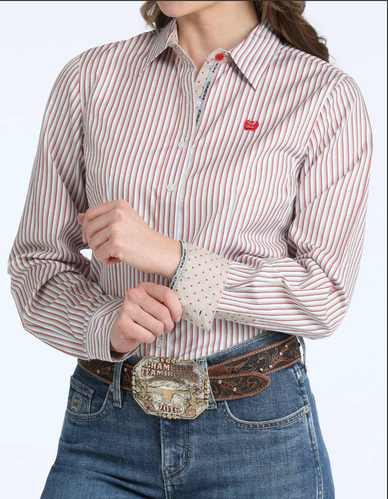 CLMSW9165090- Ladies Cinch L/S Tencil Stripes- Red/White/Teal