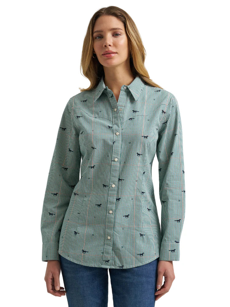 CL112382671- Wrangler Ladies L/S Snap Shirt- Plaid/Horses- Green