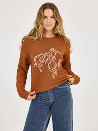 CL112372331-Rust Wrangler Womens Knit L/S Bucking Horse