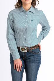 CLMSW9164255-Teal Cinch Ladies L/S Button up- Tencil Stripe