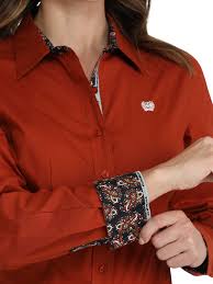 CLMSW9165073-Rust Cinch Ladies L/S Button Up- Solid