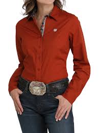 CLMSW9165073-Rust Cinch Ladies L/S Button Up- Solid