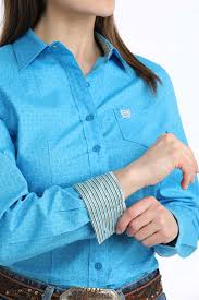 CLMSW9164260-Blue Ladies Cinch L/S Printed