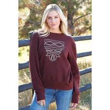 CLCWK750002-Burgandy Ladies L/S Crewneck Boot Logo Design
