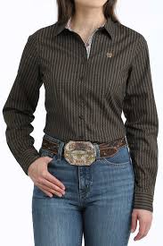 CLMSW9165078 BRN-Ladies L/S Brown Pattern Stripes