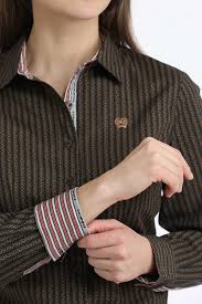 CLMSW9165078 BRN-Ladies L/S Brown Pattern Stripes