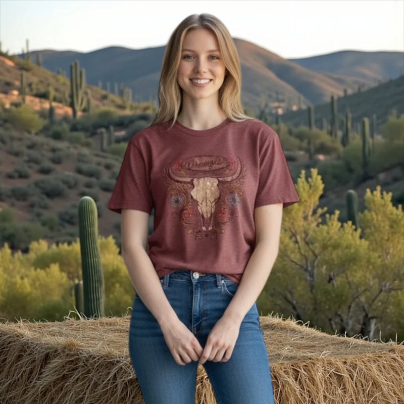 CL112368861 Wrangler Womens Tshirt- Steer Head and Flowers