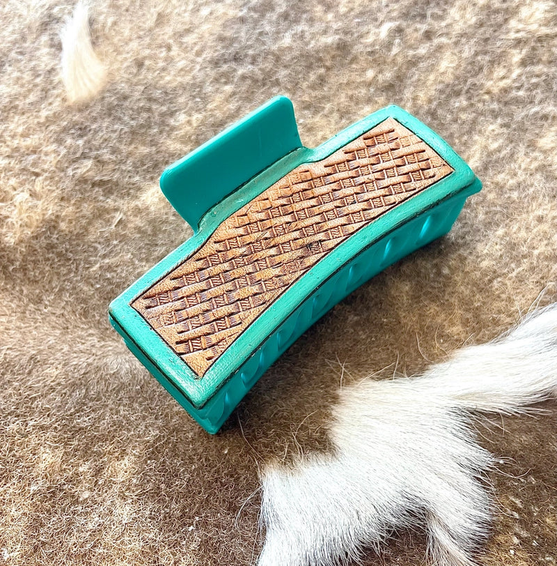 BGHAIRCLIP--Wooven Tooled Leather Hair Clips Claw