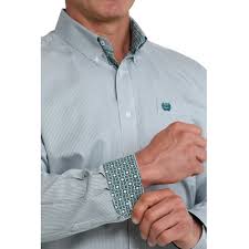 CLMTW1106113- Men's Cinch L/S Button Up- Tencil Stripes- Teal/Black
