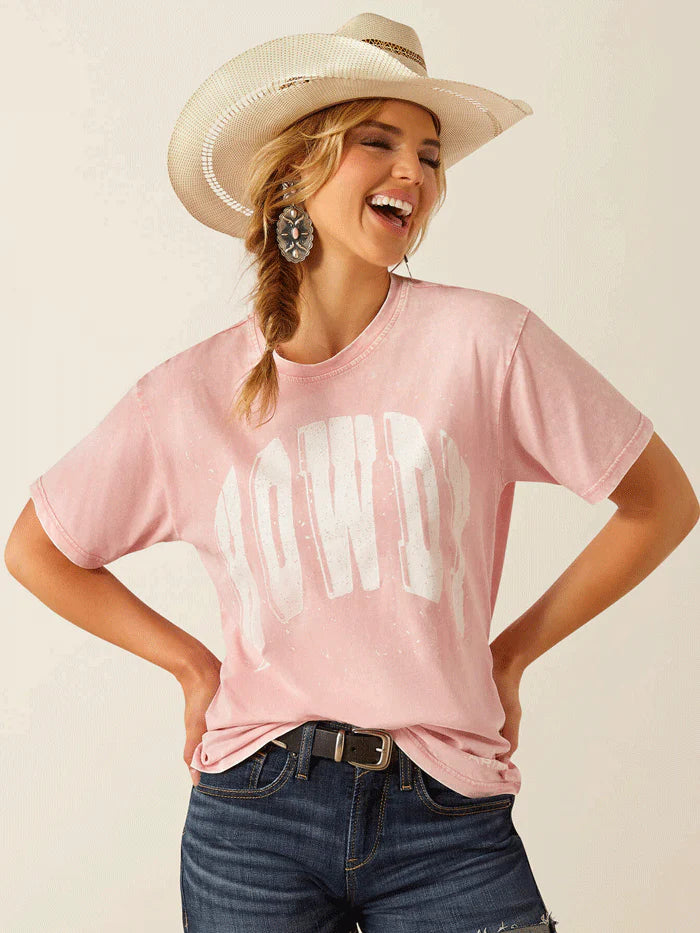 CL10055130-L Womens Ariat Tee Howdy - Acid Wash Pink