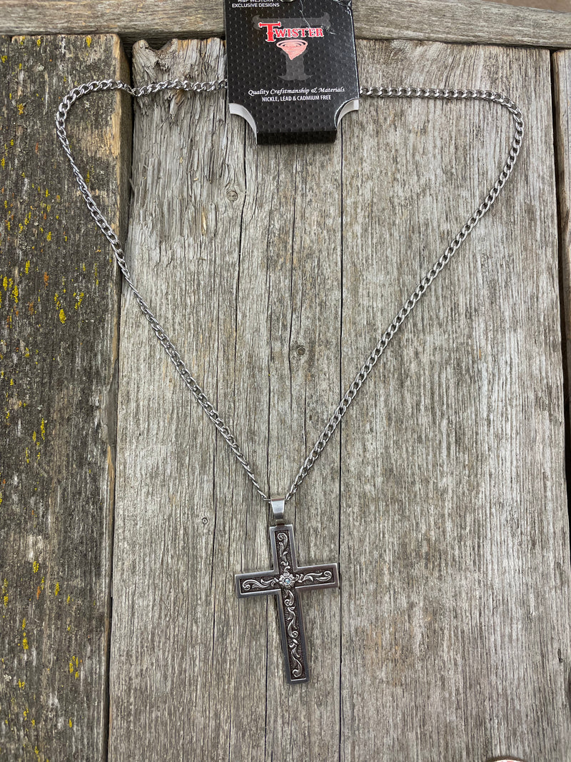 BG32152 Twister Necklace- Cross W/Aqua Stone