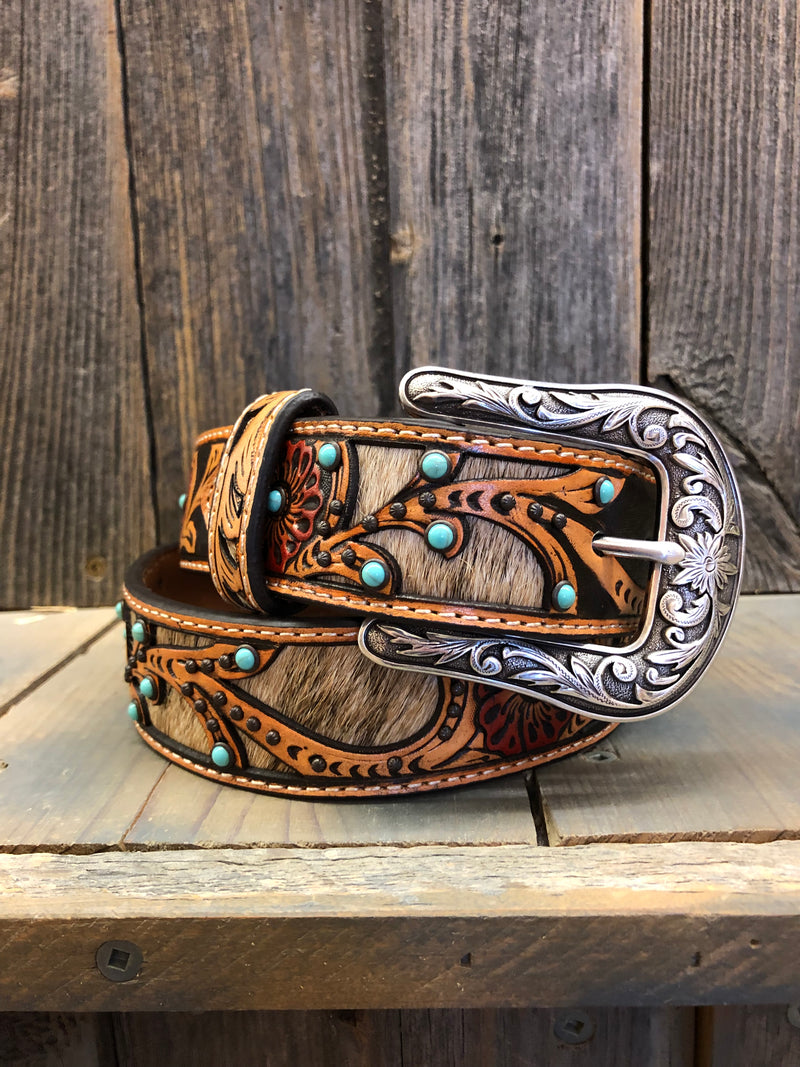 CLA1533008-L-Tan Belt Ariat - 1 1/2" Calf Hair Underlay - Red Flower