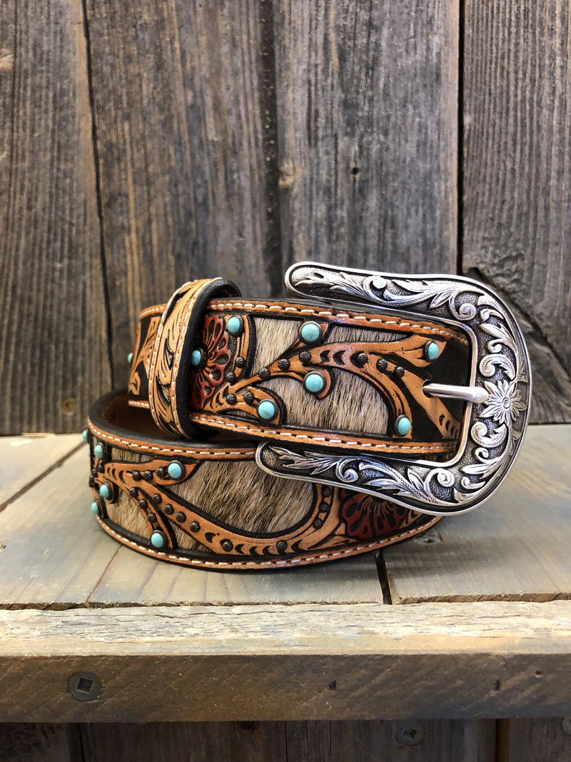 CLA1533008-M-Tan Belt Ariat - 1 1/2" Calf Hair Underlay - Red Flower