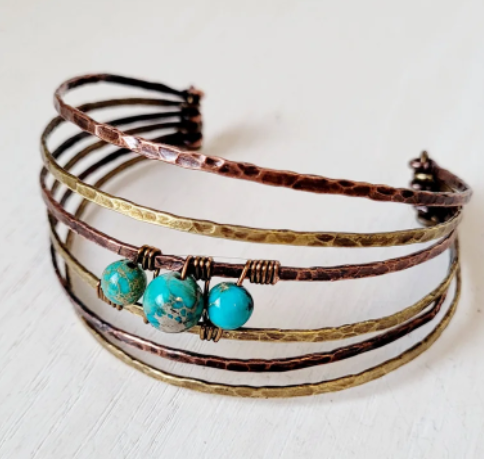 BGCJK20220006 Bracelet - Multi Wire- Copper/Brass Imperial Jasper Turquoise