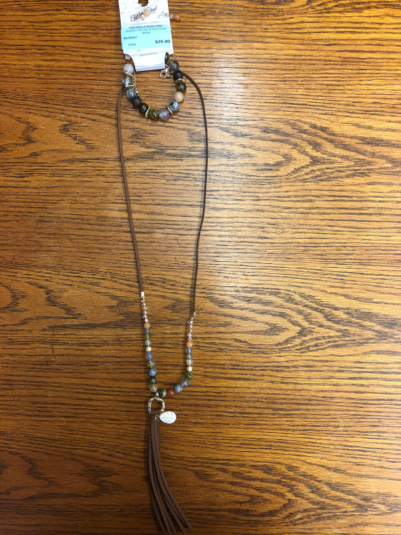 BG29167 Jewelery Set 3pc Brown/Green Beads