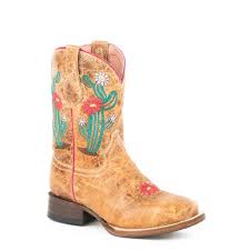 CL09-018-7022-1482-2-Lt Brown Cowboy Boot Roper "Cactus Flower"