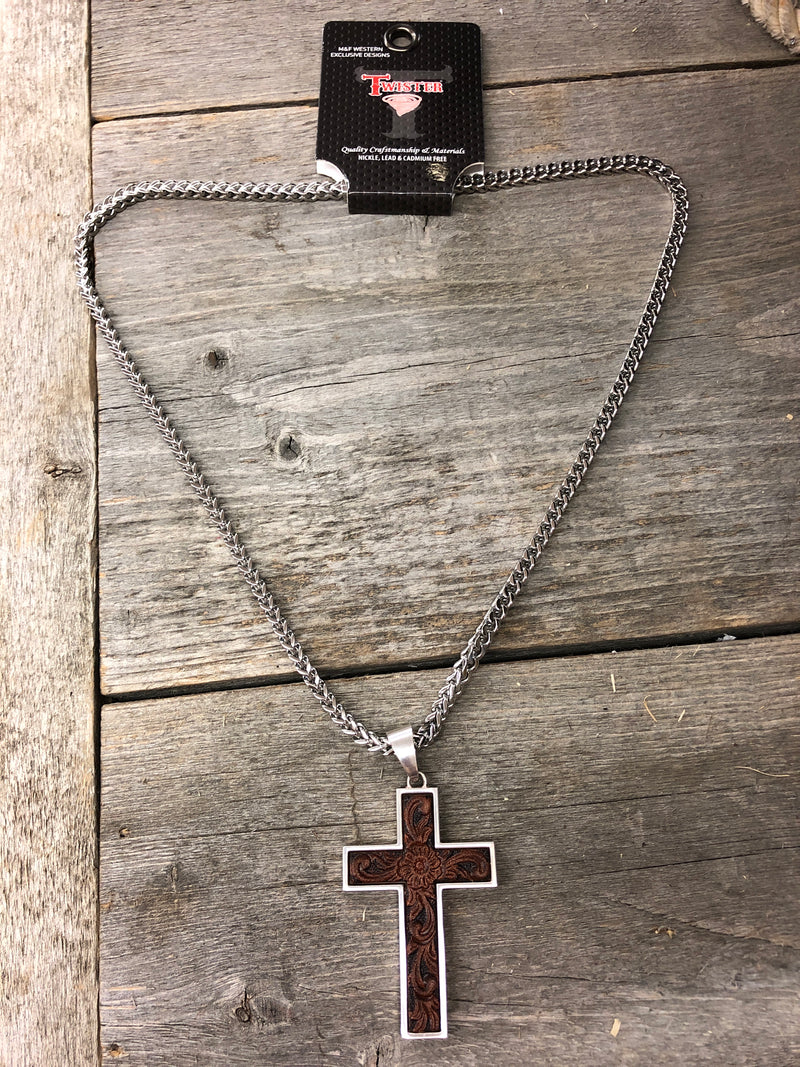 BG32104 Necklace Twisted Chain w/Leather Cross