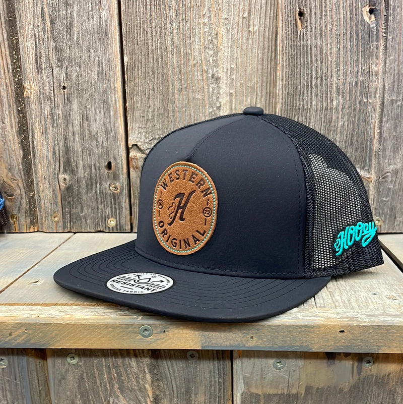 CL2114T-OSFA-BK Cap- Hooey "Spur" 5- Panel Trucker w/ Brown Leather Patch