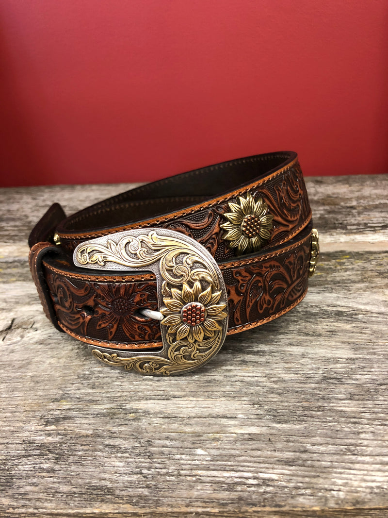 CLA1533508 Belt Ariat - 1 1/2" Flower Tooled - Sunflower Concho