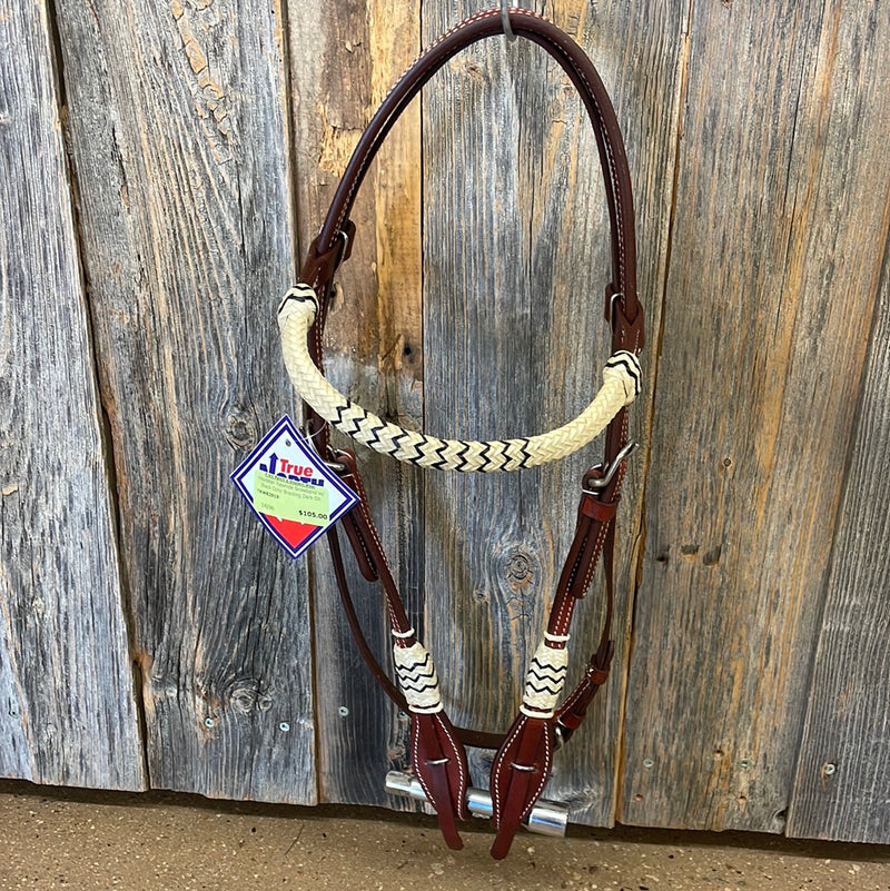 TKWB2919 Headstall Rawhide Browband w/ Black Color Braiding Dark Oil