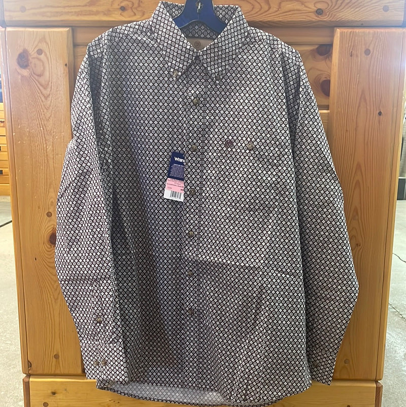 CL112337434-L-Rust/Wht Mens Wrangler L/S Shirt Relaxed Fit Pattern