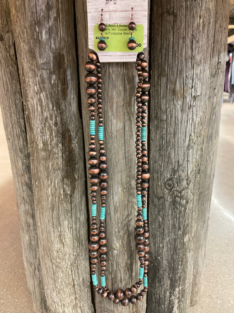 BG30919 Earring & Necklace Set- Copper Pearls W/Turquoise Beads