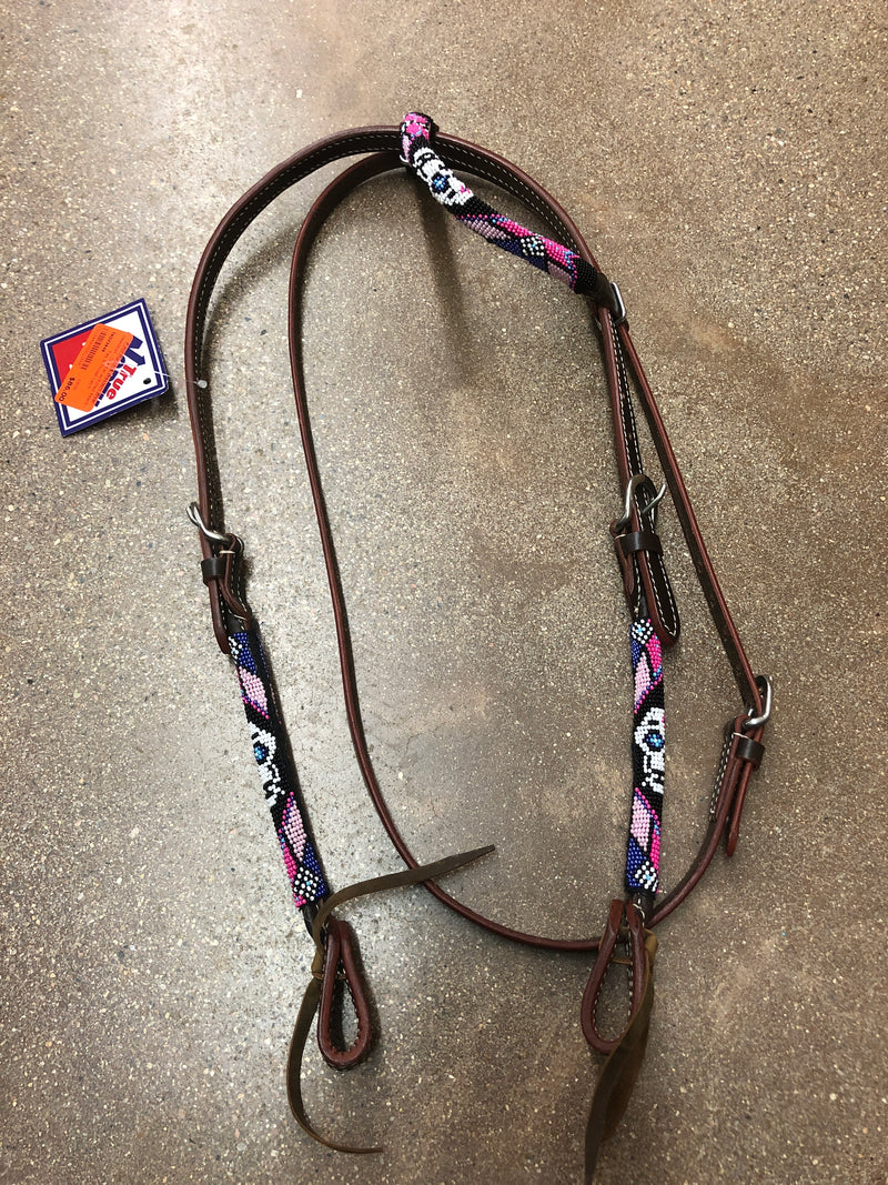 TKDZ3949 Headstall - One Ear w/Rolled Beads - Ties & Throat Latch