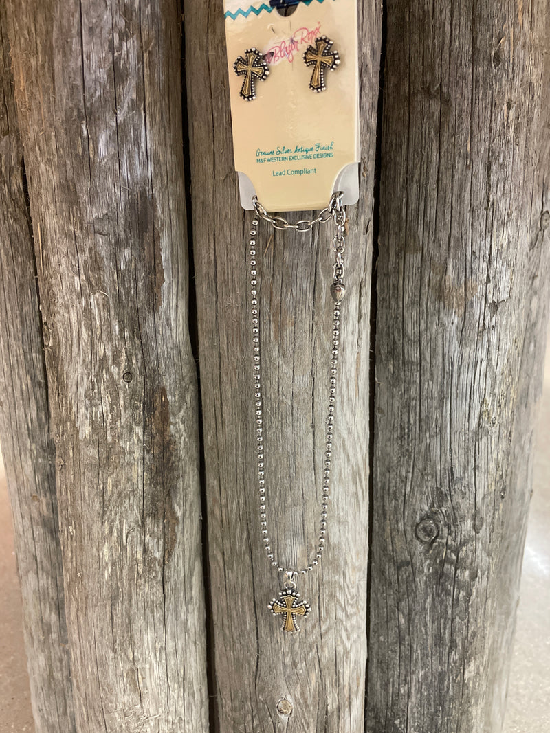 BG29910 Earring & Necklace Set- Silver/Gold Cross