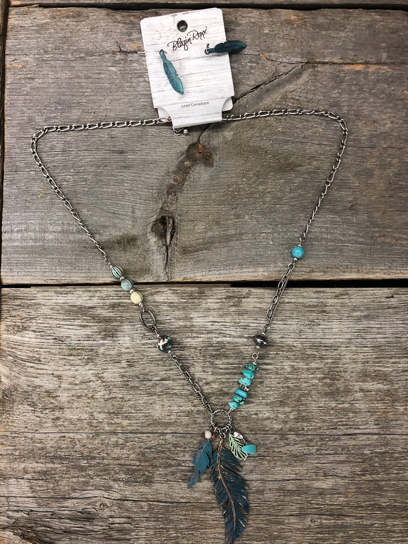 BG30850 Necklace Set Beads Feathers Silver/TQ