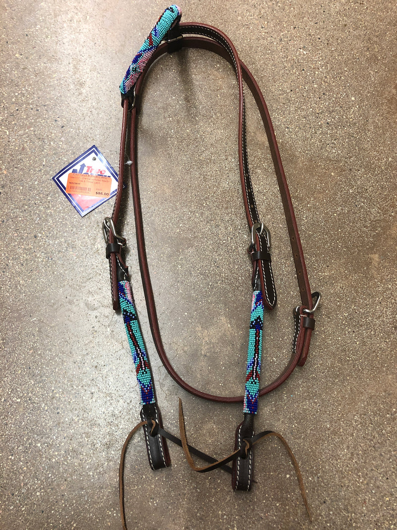 TKDZ3949 Headstall - One Ear w/Rolled Beads - Ties & Throat Latch