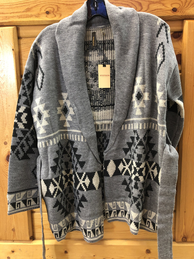 CL11-027-0539-7027-M-Gry/Char Shawl Collar Sweater L/S Aztec Pattern