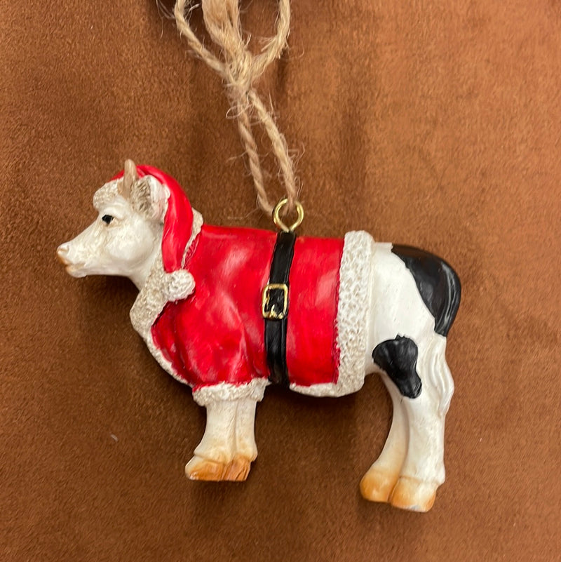 BG91-1341-0-0 Ornament- Cow w/ Santa Suit