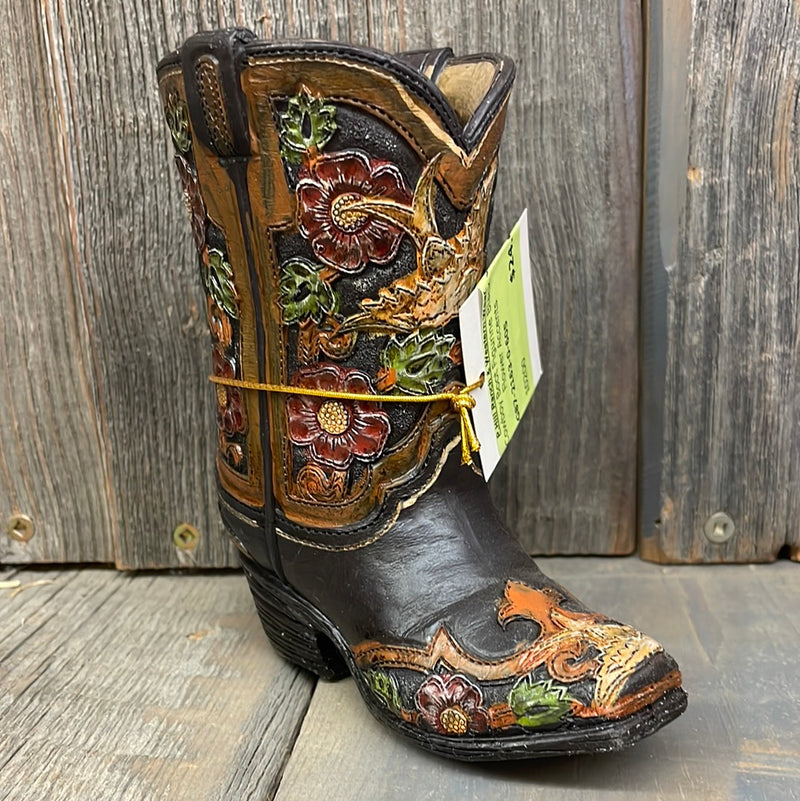 BG87-2163-0-605 Cowboy Boot Figurine Black w/ Flower Accents