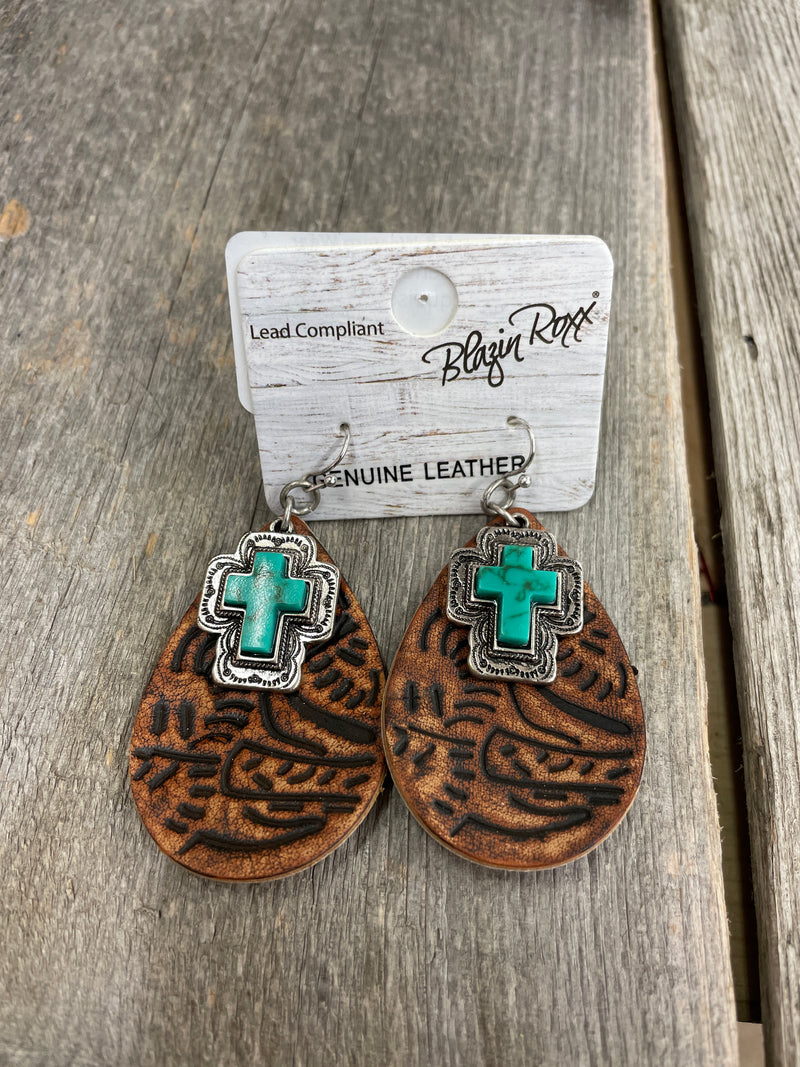 BG30967 Earrings- Genuine Leather W/Turquoise Cross