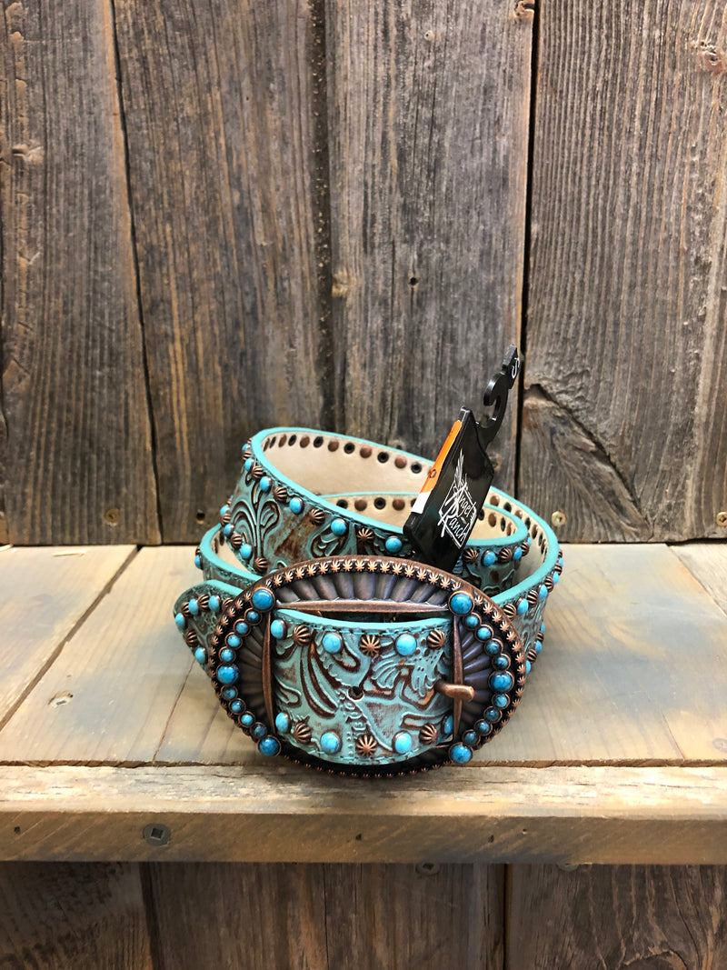 CLDA6314-L Belt Ladies Brown & TQ Metallic